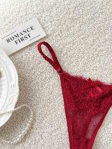 Moireta Lencería sexy para damas con tanga de malla de encaje en contraste - Burdeos - Ver 5