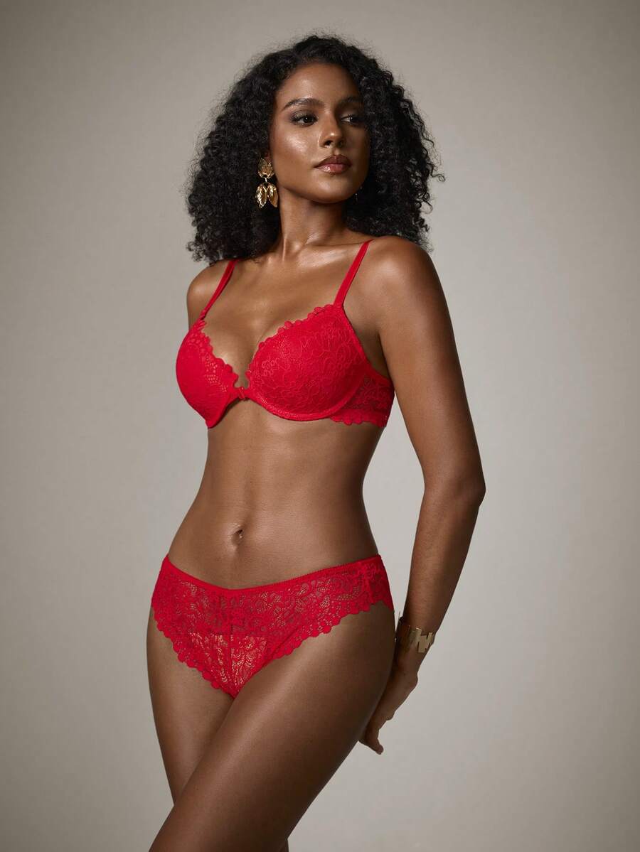 DreamPoppy Peach Girl 1 Set/2pcs Red Lace Women's Lingerie Set - Sexy Push-Up Bra And Panty, Perfect Choice For Romantic Nights - Red - View 1