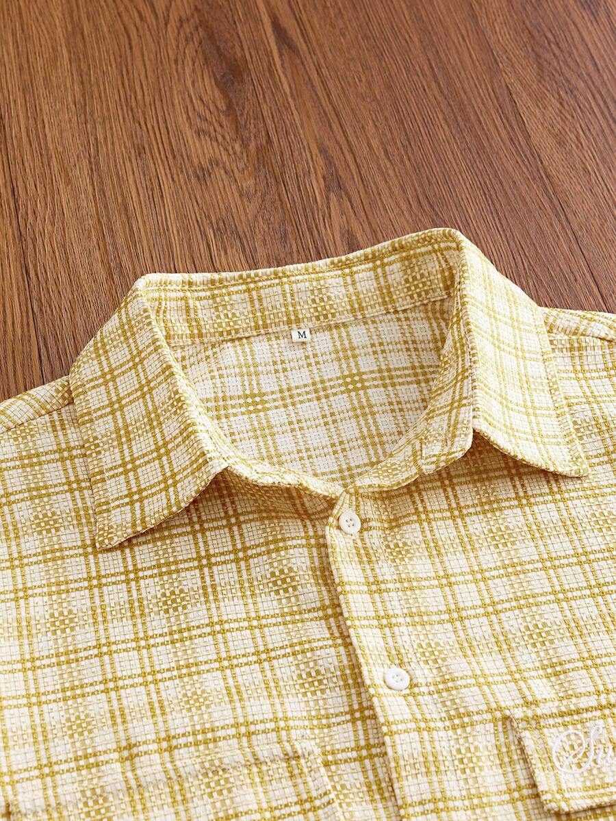 SWAVVY Spring/Summer Men's Plaid Single-Breasted Casual Short Sleeve Shirt For Daily Wear - Yellow - View 1
