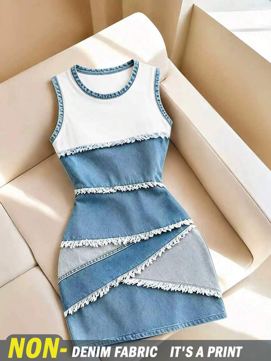 Resyla Women's Round Neck Color Block Patchwork Digital Print Midi Dress - Multicolor - View 1