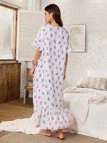 Serenescape Camisola Longa Feminina Casual Estilo Férias com Estampa Floral, Patchwork, Babado na Barra e Manga Curta - Branco - Visão 2