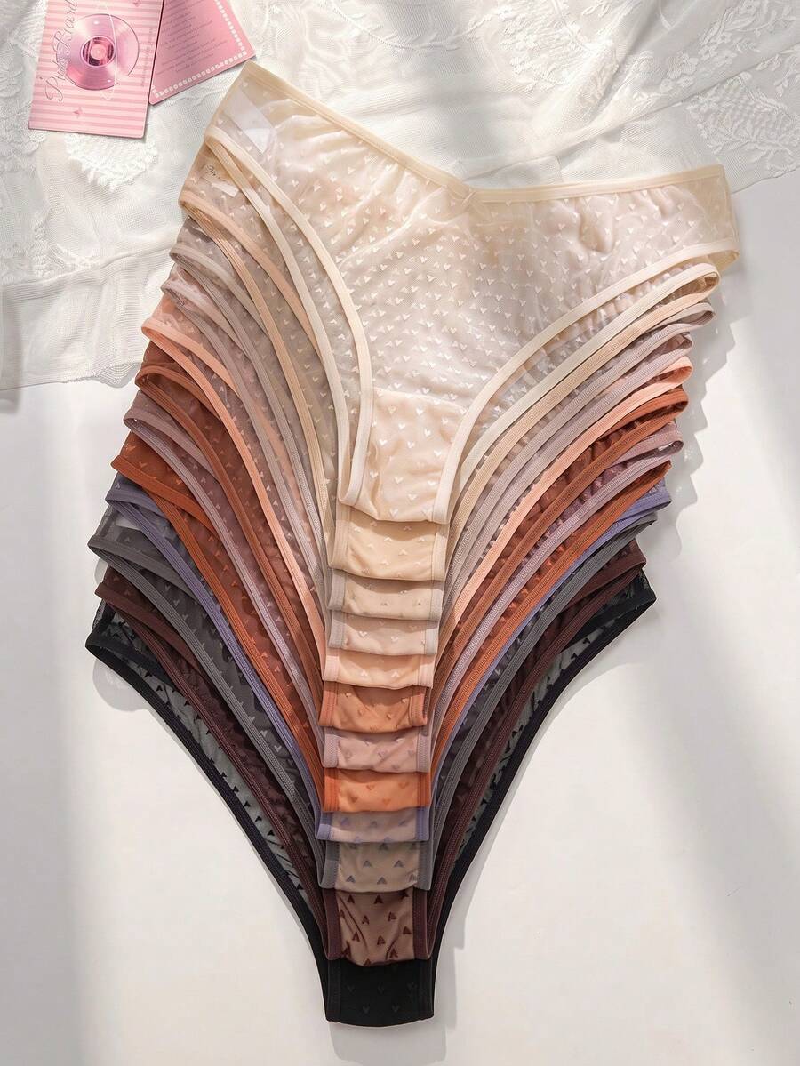 PetitDoll Breathable Plus Size Heart Jacquard Mesh Panties (12 Pieces/Set)