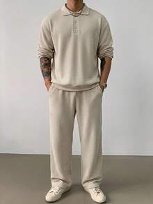 DAZY Summer Solid Color Textured Fabric Elastic Waist Men's T-Shirt Set - Beige - View 1