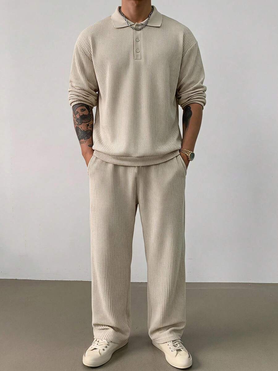 DAZY Summer Solid Color Textured Fabric Elastic Waist Men's T-Shirt Set - Beige - View 1