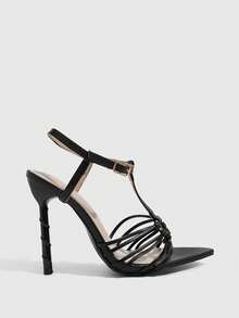 CUCCOO SZL Black Spiral Heel, Classic T-Strap, Stable Structure And Modified Instep, Visually Thin. Strap Weaving Delicacy, Party, Commute, Dating, Pointed Versa - Black - View 2