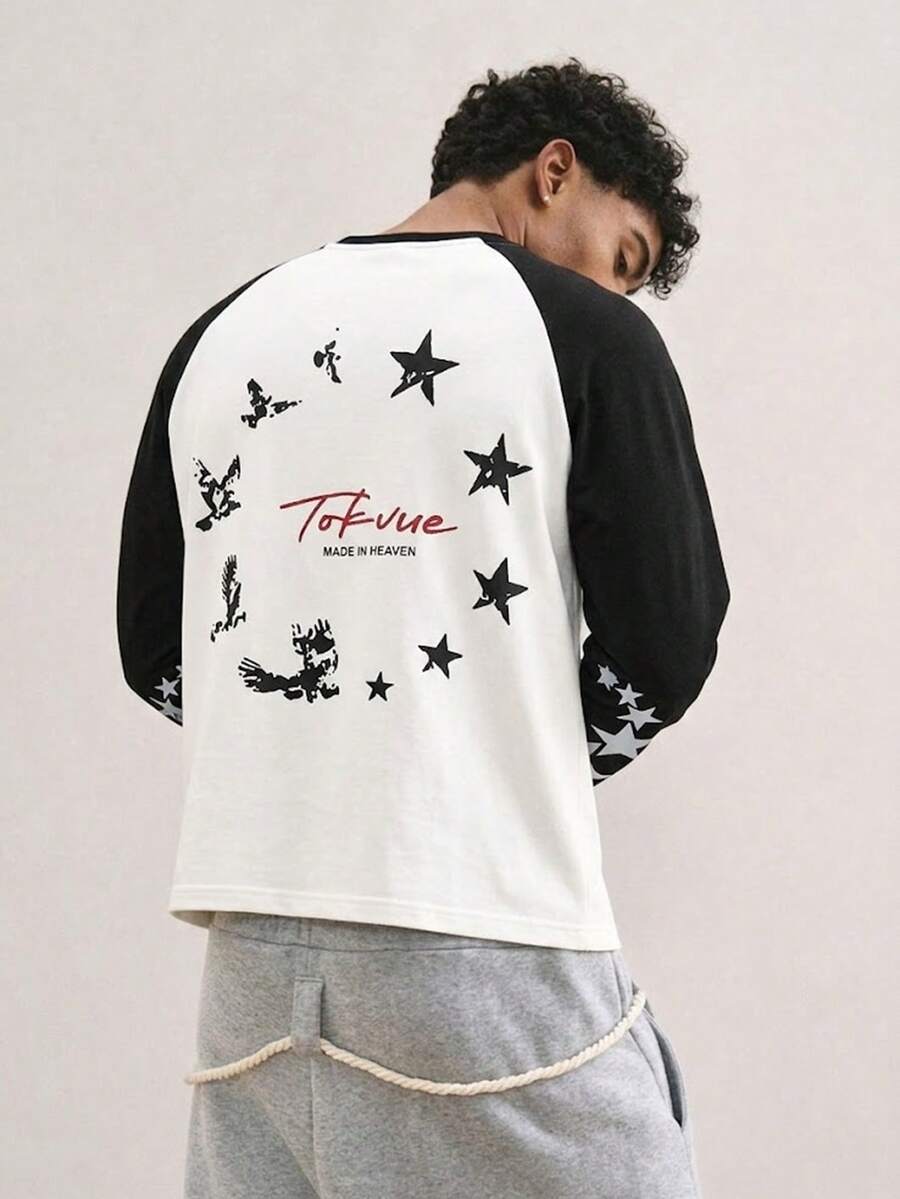 TOKVUE 男士休閒熱銷星星圖案印花長袖T恤,男友/丈夫週年紀念禮物 - 黑與白 - 查看 1