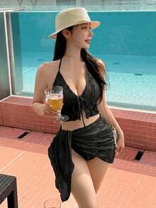 DAZY Textured Fabric Halter Tie Tank Top, Triangle Bikini Bottom And Tie Skirt 3 PiecesSwimsuit Set Beach Outfits - Black - View 5