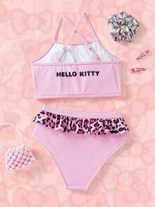 HELLO KITTY AND FRIENDS | SHEIN Setelan Baju Renang Dua Potong Atasan Camisole dan Bawahan Bikini Segitiga Motif Kartun untuk Anak Perempuan Remaja, Cocok untuk Liburan Musim Panas dan Pantai - Berwarna merah muda - View 2