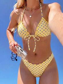 SHEIN Swim 女款夏季波點印花性感細肩帶綁繩蝴蝶結比基尼兩件式泳衣海灘度假套裝 - 黃色 - 查看 2