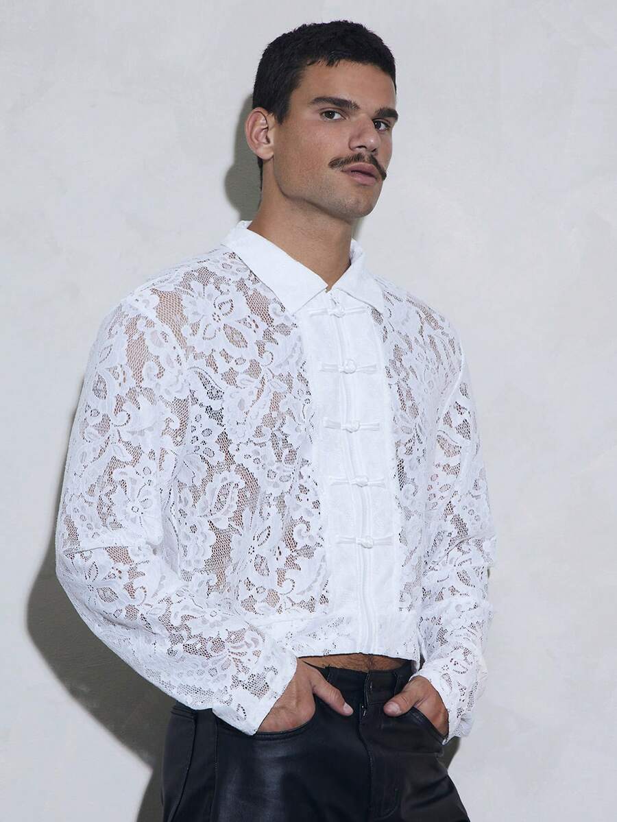 FeverCity Men's Lace Casual Daily Long Sleeve Zip Jacket, For Spring, Outdoor - White - View 1