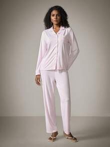 DreamPoppy 2pcs Women Lapel Button Down Long Sleeve Top + Elastic Waist Pants Pajama Set - Pink - View 2