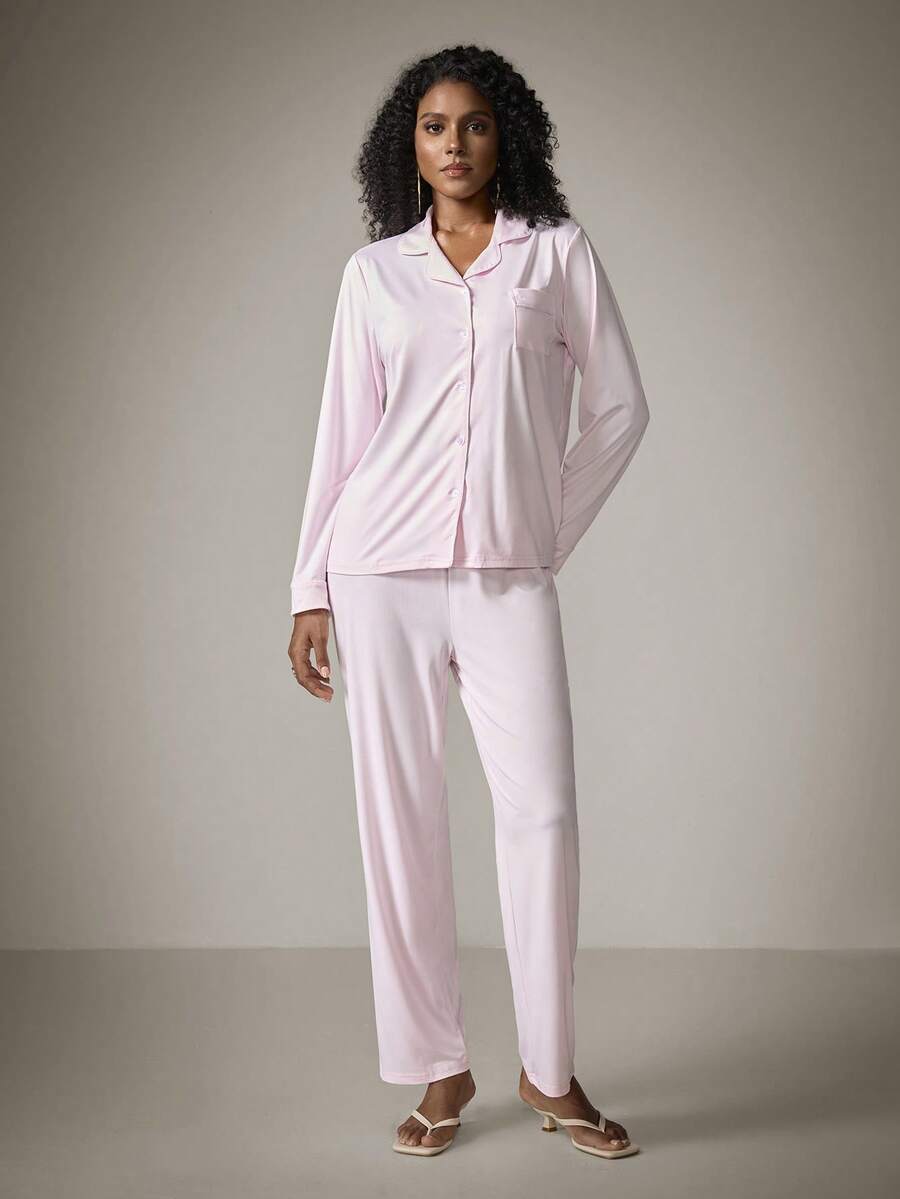 DreamPoppy 2pcs Women Lapel Button Down Long Sleeve Top + Elastic Waist Pants Pajama Set
