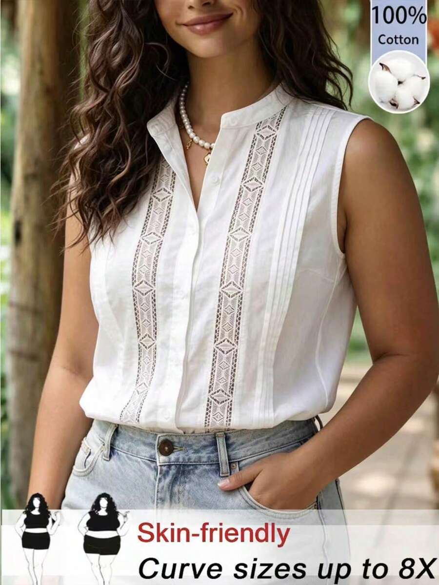 SHEIN CURVE+ Blus Tanpa Lengan Kasual Kancing Tunggal dengan Hiasan Renda Kontras untuk Wanita Ukuran Plus - Putih - View 1