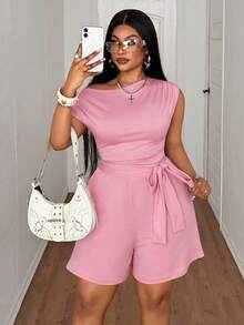 Maweii Plus Size Asymmetric Shoulder Ruched Bow Tie Waist Drawstring Romper,Blush Pink Summer Smart Casual Everyday Mal Flattering Short Jumpsuit,Holidays - Pink - View 5