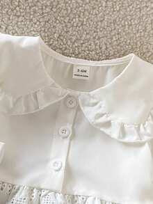 SHEIN Playful Pals 女嬰可愛娃娃風大領口前開襟刺繡下擺彈性腰帶刺繡袖口長袖長褲套裝 春秋款 - 藍白色 - 查看 3