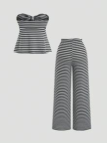 Sweetra Striped Bandeau Top & Pants Versatile Slimming Commute 2 Pieces Set - Multicolor - View 2