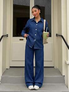 SHEIN Teen Girls Dark Blue Denim Loose Long Shirt & Pants 2-Piece Set Fall Winter Halloween Y2k Graduation Back To School - Blue - View 4