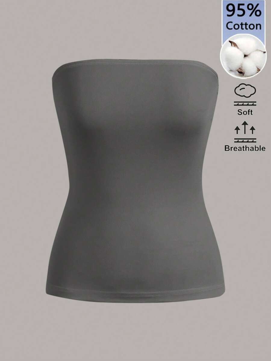 SHEIN BASICS 女款純色無肩帶修身休閒上衣 - 深灰色 - 查看 1