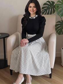 SHEIN 青少年女孩波點印花仿珍珠裝飾圓領泡泡袖時尚洋裝 - 黑色 - 查看 5