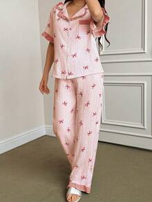 Napfluff Women's Blue Striped Bow Print Patchwork Contrast Color Ruffle Collar Short Sleeve Long Pants Pajama Set - Orange - View 6