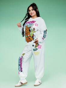 SCOOBY-DOO X SHEIN Plus Size Y2K Dressy Casual Set: Star Great Dane Print Drawstring Hooded Sweatshirt And Jogger Pants, Long Sleeve, Autumn White Formal - White - View 5