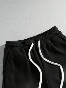 ROMWE MEN Men's Waffle Knit Washed Spray-Dyed Loose Shorts - Black - View 2