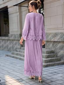 Mulvari 女款法式白色蕾絲刺繡拼接上衣與裙子兩件套 - 紫色 - 查看 2