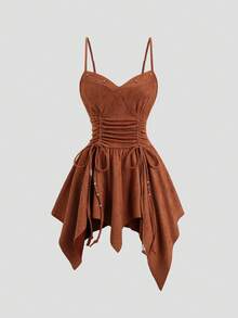 Sweetra Women's Spring Summer Autumn Spaghetti Strap Dress Ruched Waist Tie Detail Asymmetrical Hem Star Decor Slim Fit Shopping Night Out Going Out Dating - Rust Brown - View 3