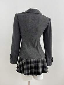 Elamini Women's Autumn/Winter Campus Style Cinched Waist Lapel Double-Breasted Mid-Length Grey Tweed Coat - Dark Grey - View 2