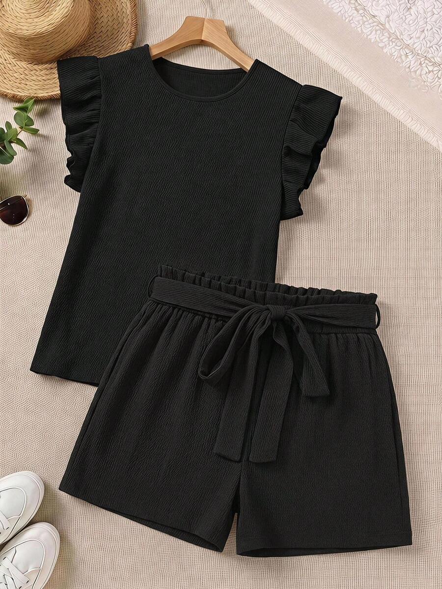 SHEIN LUNE 黑色紋理大尺碼短袖上衣兩件組 - 藍色 - 查看 1