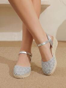 Styleloop Women's Hemp Rope Straw Woven Wedge Heel Silver Ankle Strap Woven Women's Wedge Heel Shoes Sandals Hemp Rope Shoes Boho Style - Silver 3 - View 10