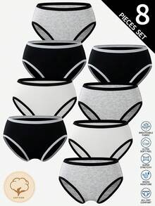 SHEIN 8件/包 女款青少年女孩純色黑灰白極簡棉質舒適柔軟三角內褲，四季適用 - 彩色 - 查看 1
