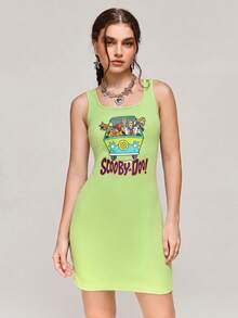 SCOOBY-DOO X SHEIN Women Cartoon & Letter Graphic Summer Sleeveless Short Dress - Army Green - View 1
