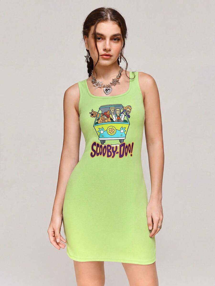 SCOOBY-DOO X SHEIN Women Cartoon & Letter Graphic Summer Sleeveless Short Dress - Army Green - View 1