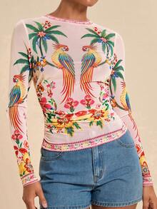 Travachic Women's Coconut Tree & Bird Print Pleated Slim Fit Long Sleeve Top For Daily Wear - Multicolor - View 8