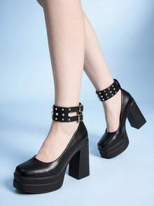 Sugerpunk Fashion Women's Platform High-Heeled Shoes, Punk Style Buckle With Rivet Inlay Design, Classic Sexy Suitable For Parties, Nightclubs, Festivals - Piano Black - View 6