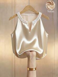 Franclia Blusa de satén elegante sin mangas con escote en V y cuentas, color champán, versátil para primavera/verano, adecuada para el trabajo, fiestas y uso diario - Champán - Ver 6
