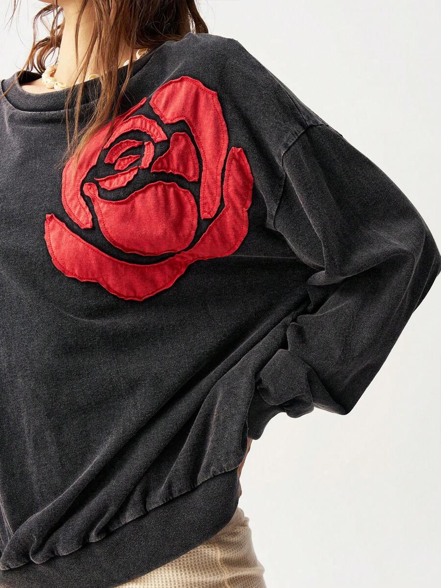 Bohemela Plus Size Women's Floral Print Drop Shoulder Long Sleeve Crew Neck Loose Sweatshirt Fall - Black - View 1