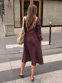 Serisse Women's Polka Dot Print Front Tie Long Sleeve Split Hem Elegant Midi Dress,Fall/Winter ,Formal ,Business ,Chic ,Back To School,Christmas,New Year , - Brown - View 6
