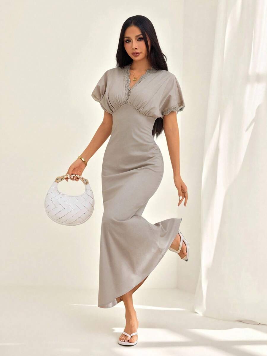 SHEIN PETITE Spring Summer Linen French Lace Splice V-Neck Dress High-Waist Pleated Design Slimming Fit Flowing Mid-Length Elegant Vacation Gray Brunch Tea Party
