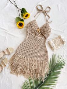 Soleia Women's Plus Size Metal Decor Tassel Design Casual Matching Kawaii Daily Knit Halter Neck Dress Fall Beach Vacation - Apricot - View 5