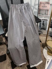 SHEIN Franclia Pantaloni ampi con lacci a quadri kaki, pantaloni casual con patchwork adatti per uso quotidiano/pendolarismo - Castano - Visualizzare 2