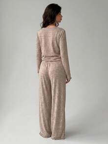 Livesso Women's Solid Color Long Sleeve Open Front Top, Camisole And Pants Loungewear Set Fall - Khaki - View 2
