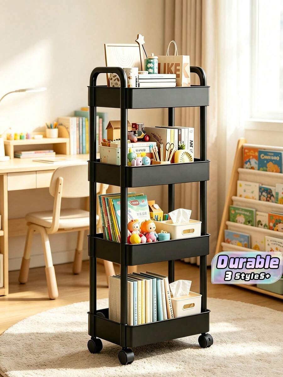 Multi-Functional Rolling Storage Cart, Plastic Organizer Baskets With Woven Handles, Movable Vertical Shelving Unit For Kitchen, Bathroom, Bedroom & Office, Rolling Utility Rack For Home & Desk Storage - Multicolor - View 1