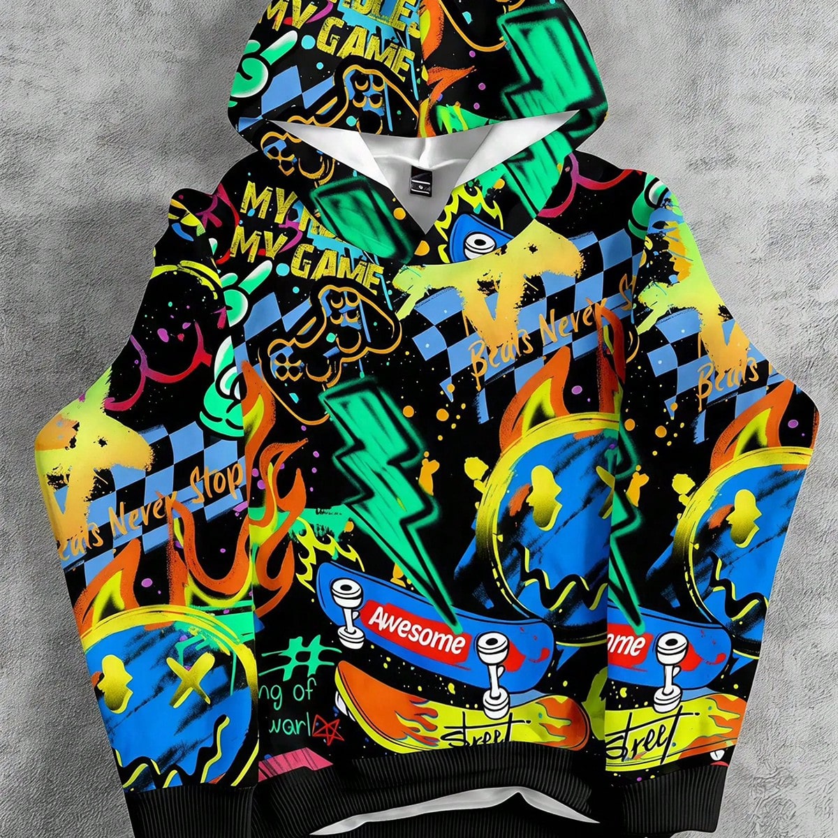 Young Boy Hooded Long Sleeve Sweatshirt, Classic Cool Colorful Graffiti Pattern Print, Handsome Smiling Face Pattern Print, Lightning, Game Controller Pattern Print, Suitable For Autumn/Winter