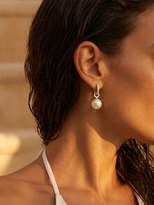 SHEIN Swim 1 Pair Fashionable Luxury Copper Micro-Inlaid Zirconia Pearl Earrings, Elegant And Sophisticated, Suitable For Women To Wear Casually Or On Dates - Gold - View 2