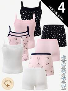 4pcs/Set Girls Toddler Bow & Heart Print Sweet Minimalist Cute Mori Style Soft Basic Camisole & Panty Set, Multi-Color - Multicolor - View 2