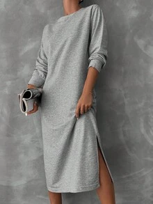 SHEIN Cottnline Solid Split Hem Sweatshirt Dress - Grey - View 1