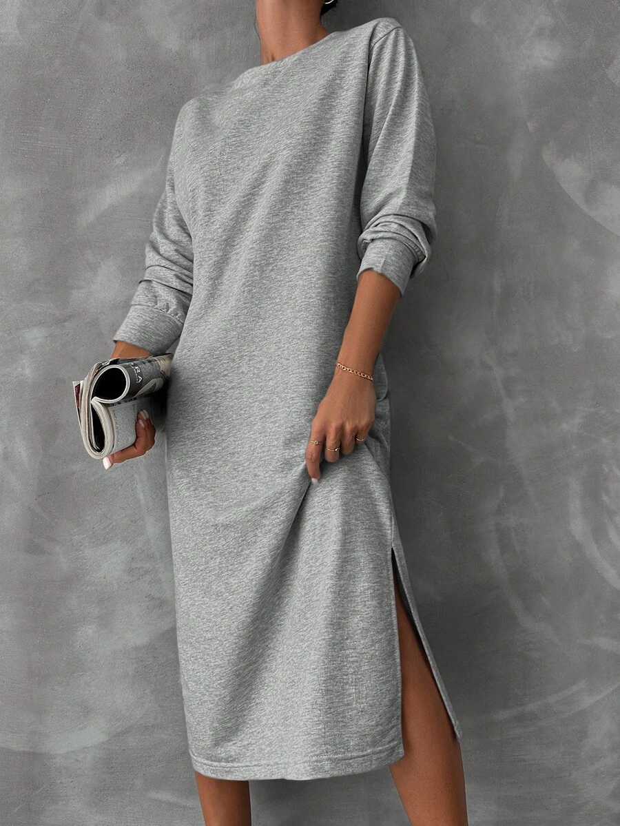 SHEIN Cottnline Solid Split Hem Sweatshirt Dress - Grey - View 1