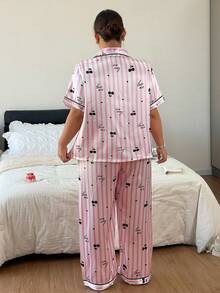 Napfluff CURVE Napfluff CURVE Plus Size Women's Faux Silk Cherry Striped Letter Print Lapel Front Button Pajama Set - Pink - View 3